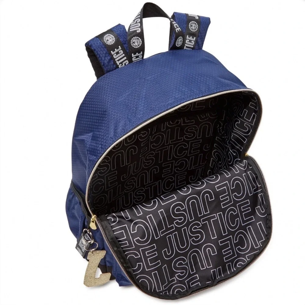 Justice Girls Navy Blue Honeycomb Varsity‎ Logo Backpack with J Initial Keychain